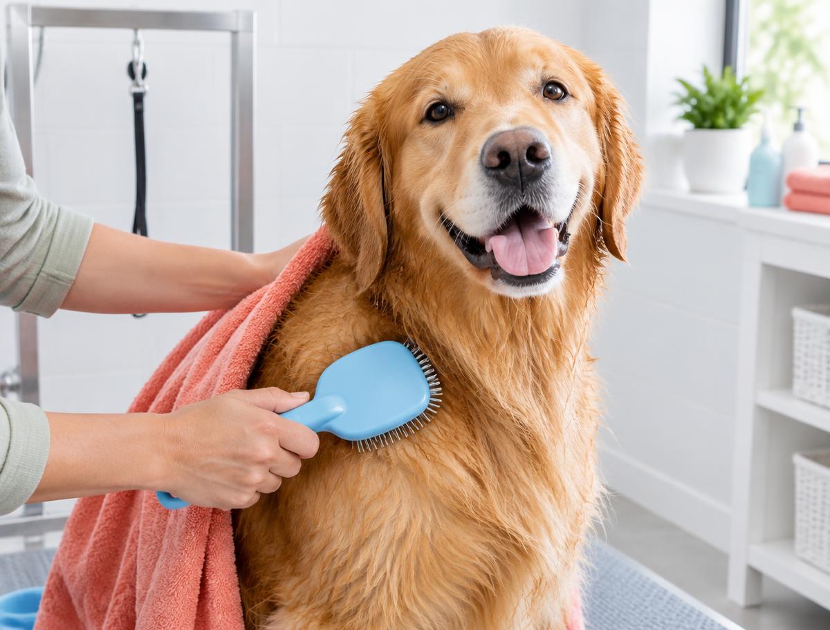 Golden retriever being brushed after a bath
