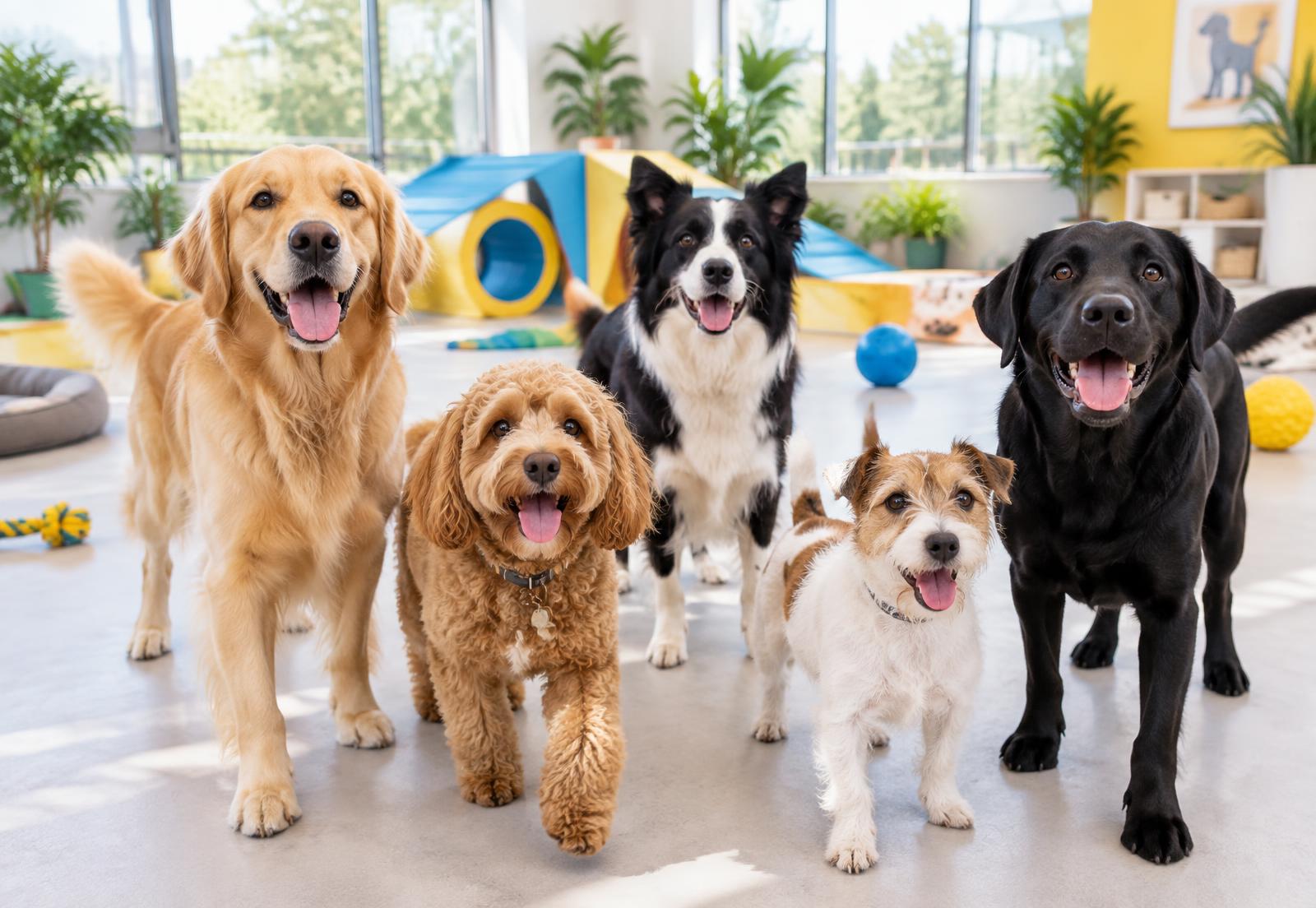 A happy group of dogs in a bright clean day-care space
